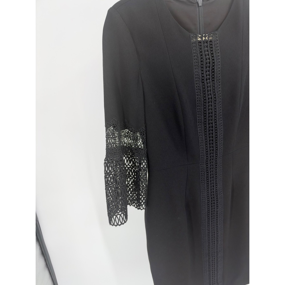 Elie Tahari Black Crochet Sheath Dress – Bell Sleeve Lace Inset Size 2 - Picture 3 of 10